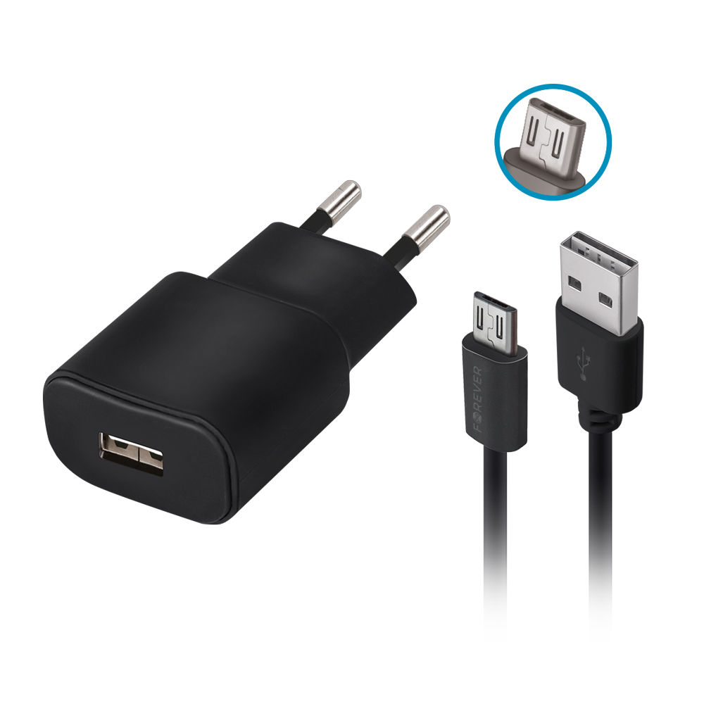 162433_oryg Forever TC-01 charger 1x USB 2A black + microUSB cable - Image 1