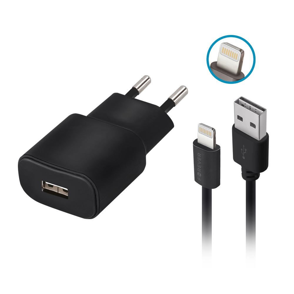 162434_oryg-1 Forever TC-01 charger 1x USB 2A black + Lightning cable - Image 1