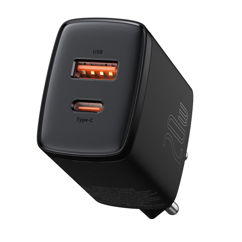 250397_oryg Baseus wall charger Compact PD 20W 1x USB-C 1x USB black - Image 1