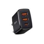 (1450) Sieninis įkroviklis 30W 2xUSB + USB-C QC3.0 PD3.0, juodas