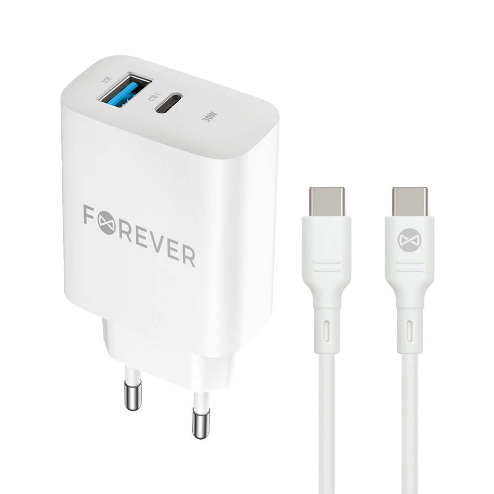 397875_oryg Forever TC-07-30AC PD QC charger 1x USB-C 1x USB 30W white + USB-C - USB-C cable 60W - Image 1