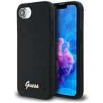 Guess HC Silicone Script Metal Logo dėklas iPhone 16e – spalva: juoda
