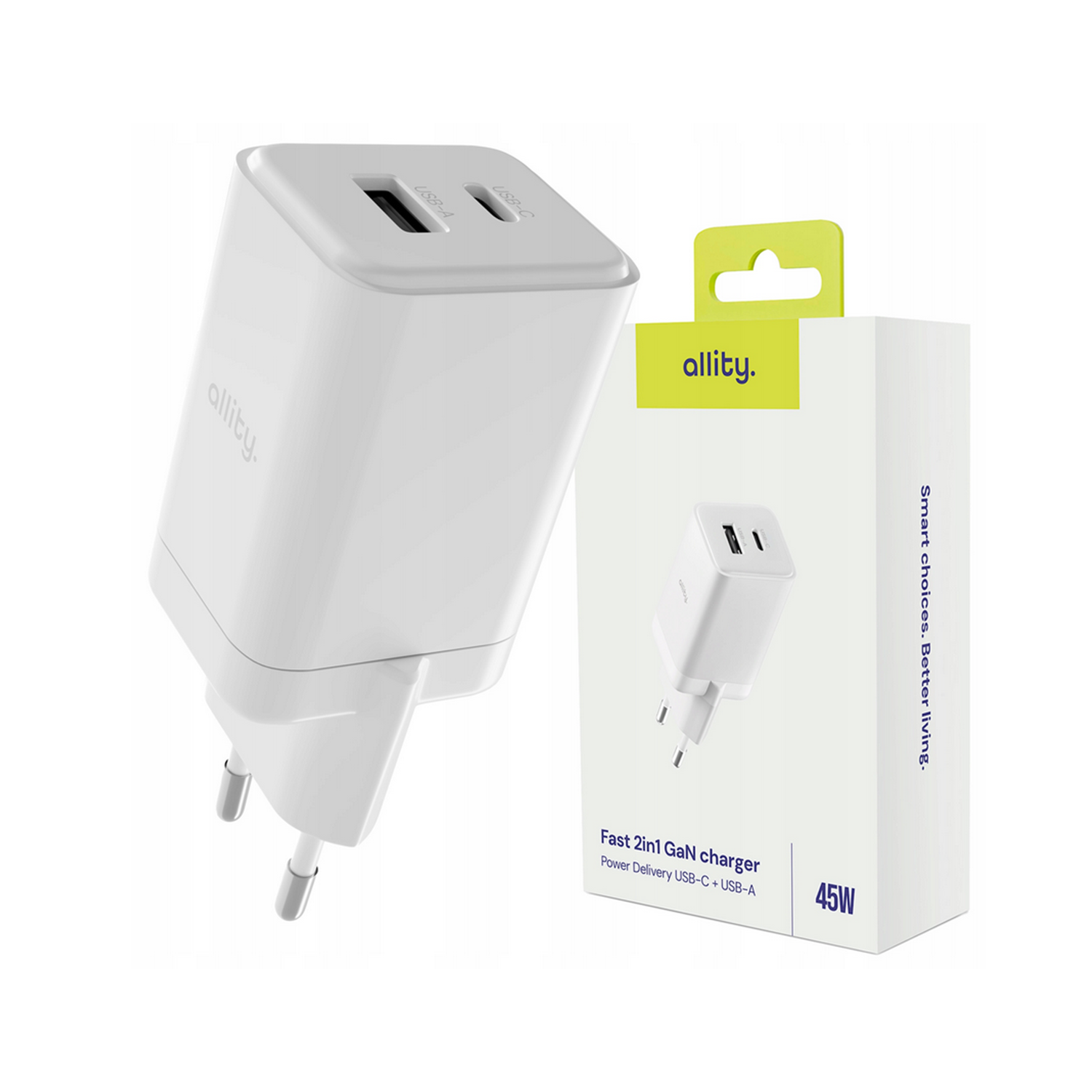 449678_oryg Allity wall charger GaN PD QC ATC-01-45WAC 1x USB-C 1x USB-A 45W white - Image 1