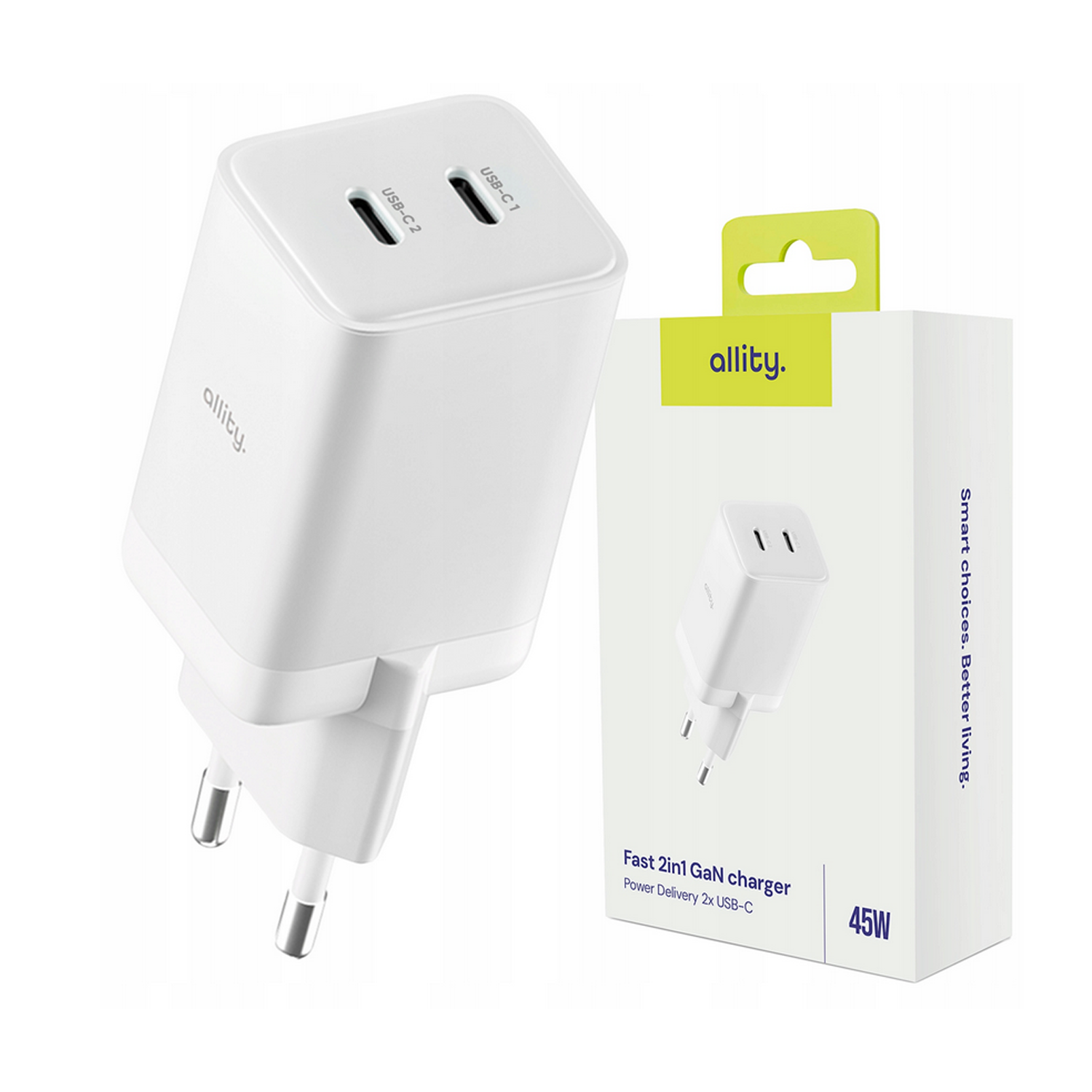 449709_oryg Allity wall charger GaN PD QC ATC-01-45WCC 2x USB-C 45W white - Image 1
