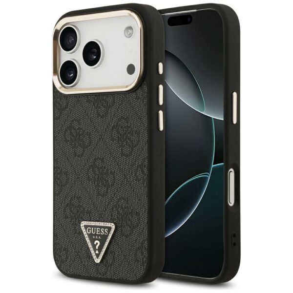 Guess Case Magsafe 4G PU Leather Case With Triangle Logo And Gold Metal Camera Frame For iPhone 17 Pro Brown