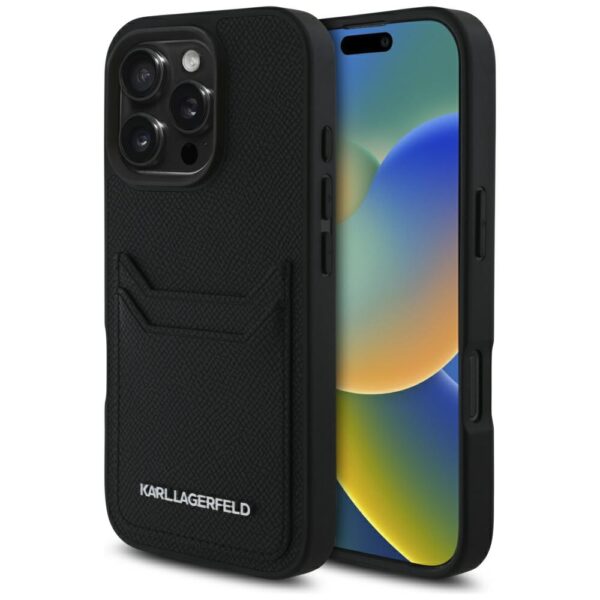 Karl Lagerfeld HC Grained PU CardSlot Metal Elong case for iPhone 16 Pro Black