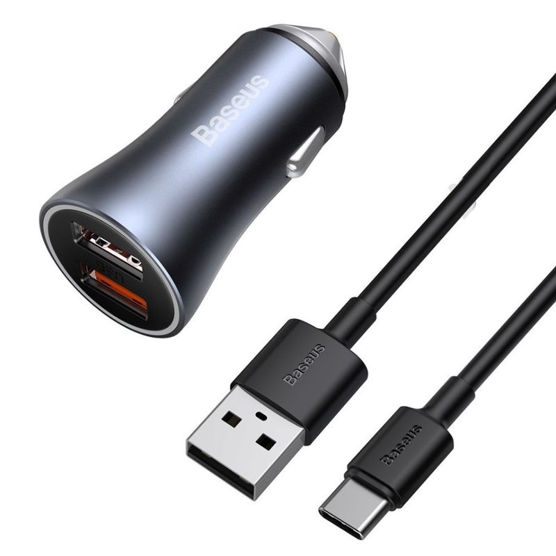 display (1) Automobilinis įkroviklis 40W 12-24V 2xUSB QC4.0 SCP FCP AFC su USB-C 1m laidu, pilkas - Image 1