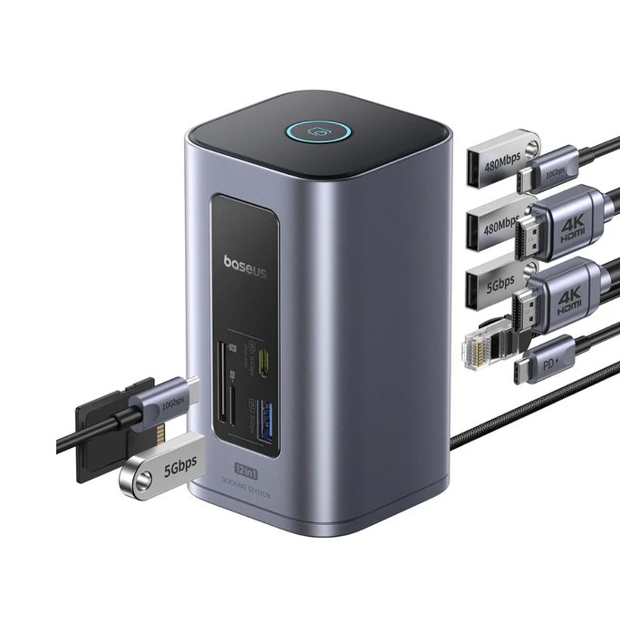 B00568103813-00 Jungčių stotelė / adapteris 1in12 USB C kištukas - 2xHDMI RJ45 SD/TF USB3 NU1 Air Spacemate BASEUS - Image 1