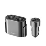 (1452) Automobilinis maitinimo ilgiklis - kištukas -> 2 lizdai (maks. 80W) + 2xUSB 3.1A, juodas